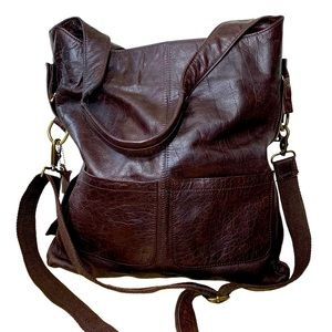 Large Genuine Leather Slouchy Boho Brown Tote Bag Crossbody Ajustable Straps